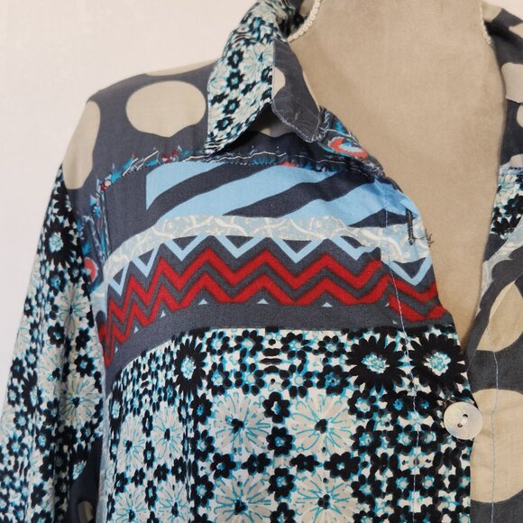 Tulip Women's Oversized Small Multi-Color Patchwork Asymmetric Button Tunic Top - Picture 4 of 15